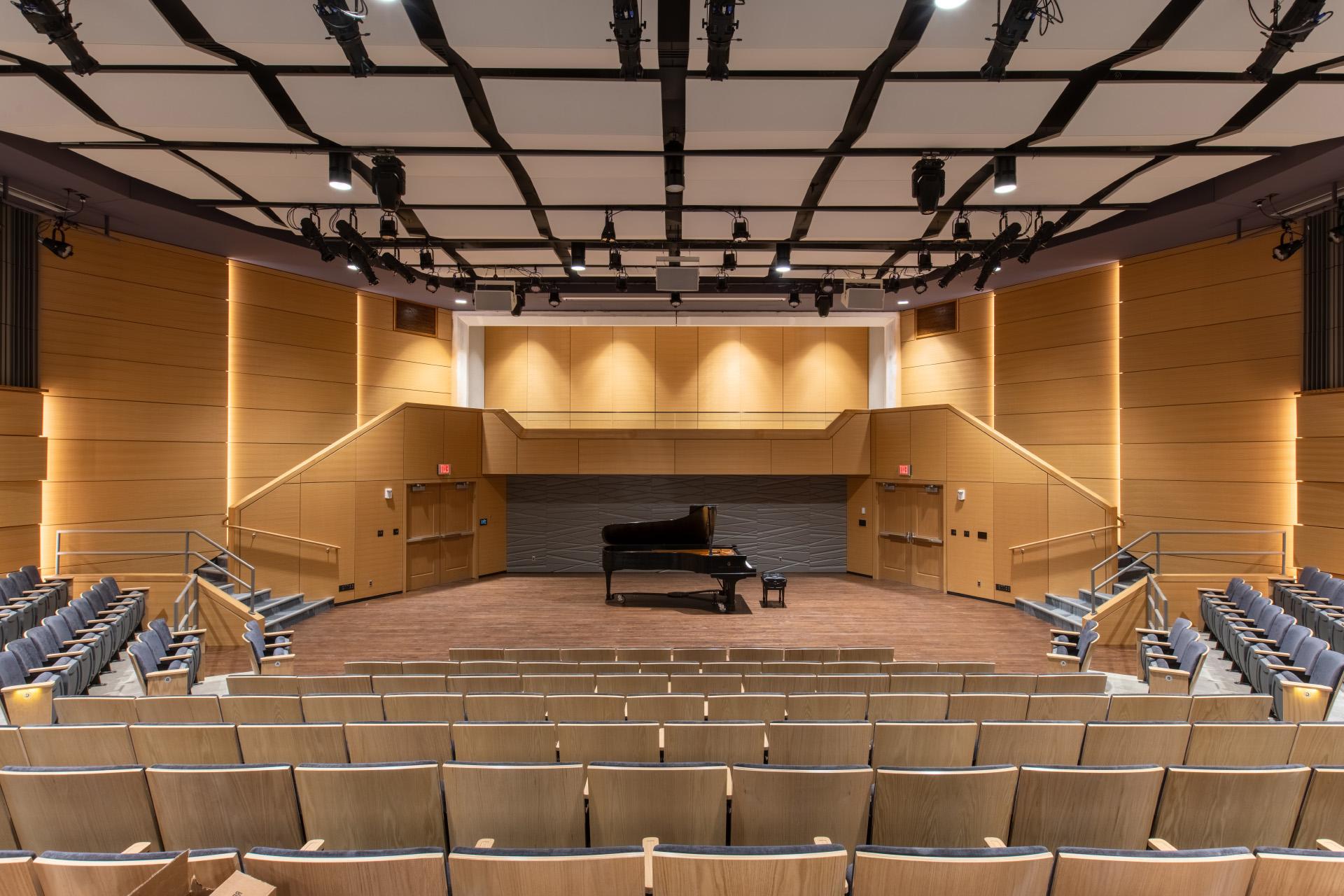 Wheeler Concert Hall stage as seen from center seating.